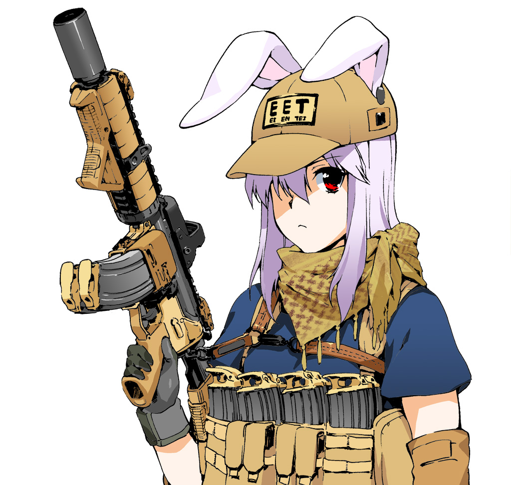 :&lt; angled_foregrip animal_ears assault_rifle bandana bandanna bandolier baseball_cap bunny_ears bust byeontae_jagga gloves gun hair_over_one_eye hat henshako lavender_hair load_bearing_vest long_hair m4_carbine m4a1 magazine_(weapon) operator red_eyes reisen_udongein_inaba rifle solo touhou trigger_discipline weapon