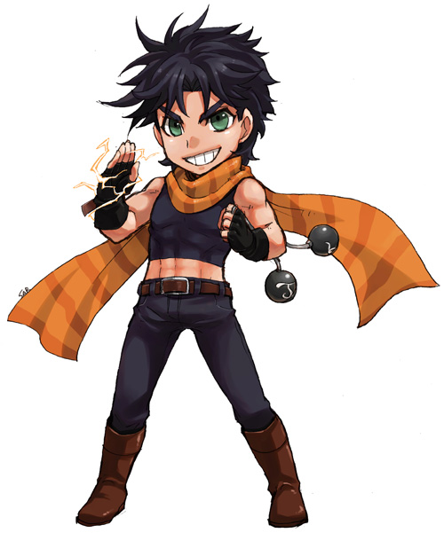 1boy black_hair bola_(weapon) boots chibi electricity fingerless_gloves gloves green_eyes grin jojo_no_kimyou_na_bouken joseph_joestar_(young) midriff saburo scarf simple_background smile solo white_background