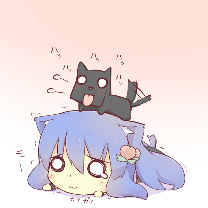 1girl :3 animal_ears animal_on_head blue_hair blush cat_ears cat_tail chibi dog dog_on_head food fruit hazuki_ruu hinanawi_tenshi kemonomimi_mode long_hair no_hat no_headwear o_o on_stomach peach solo tail tail_wagging tears tongue tongue_out touhou trembling