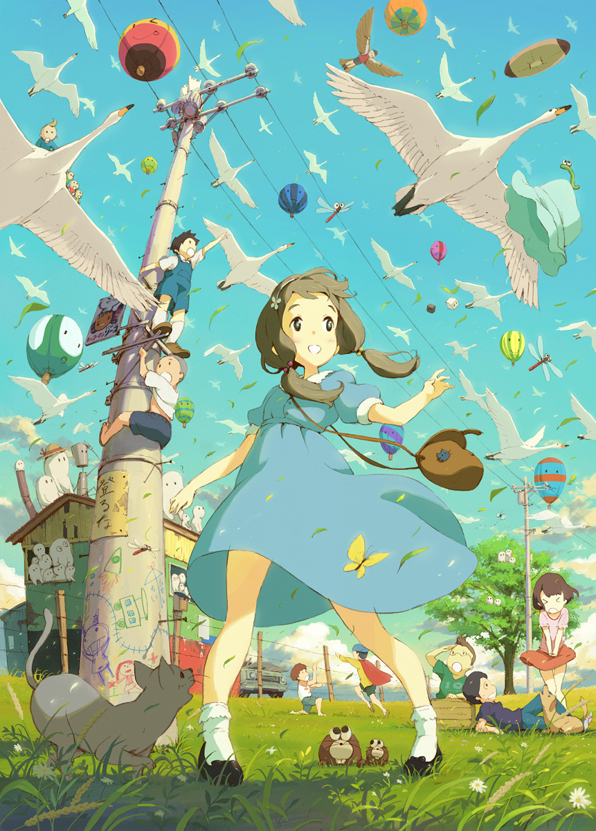 &gt;_&lt; 6+boys :d bird blimp brown_hair butterfly car cat child cloud dog dragonfly fence flower from_behind from_ground goose graffiti grass hat highres hot_air_balloon house ishida_hiroyasu motor_vehicle multiple_boys multiple_girls open_mouth original power_lines robot scenery scribble skirt skirt_lift skirt_tug sky smile swan telephone_pole tree twintails vehicle wind wind_lift
