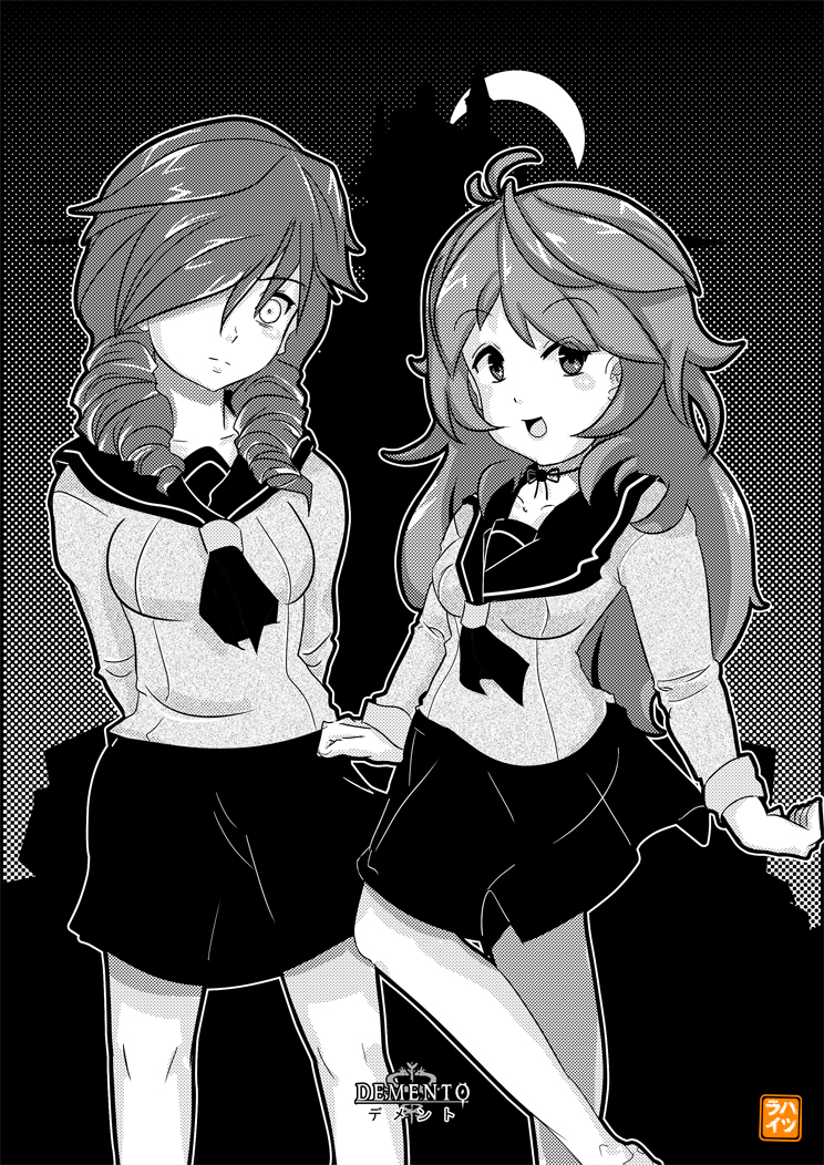 2girls ahoge copyright_name daniella daniellas-wife demento drill_hair kairistwins long_hair multiple_girls open_mouth original_character school_uniform skirt smile