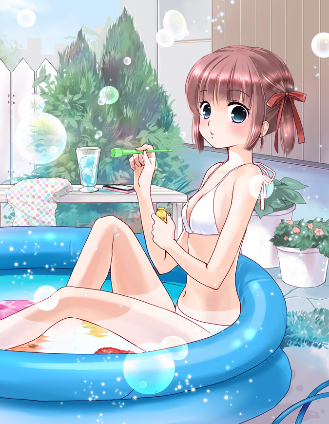 blue_eyes brown_hair bubble copyright_request glass sakuragi_akira short_hair swimsuit twintails wading_pool