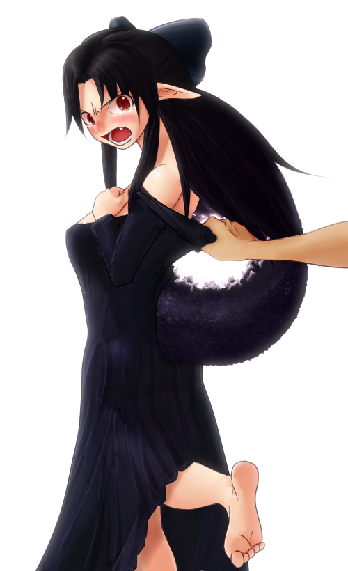 angry barefoot black_hair blush bow dress fang from_behind fusion godzilla godzilla_(series) gojiren grabbing hair_bow long_hair m.u.g.e.n melty_blood mugen_(game) open_mouth pointy_ears red_eyes tail tsukihime white_len