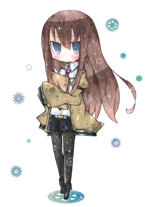 blush brown_hair chibi cosmicmind jacket legwear_under_shorts long_hair makise_kurisu pantyhose shorts solo steins;gate