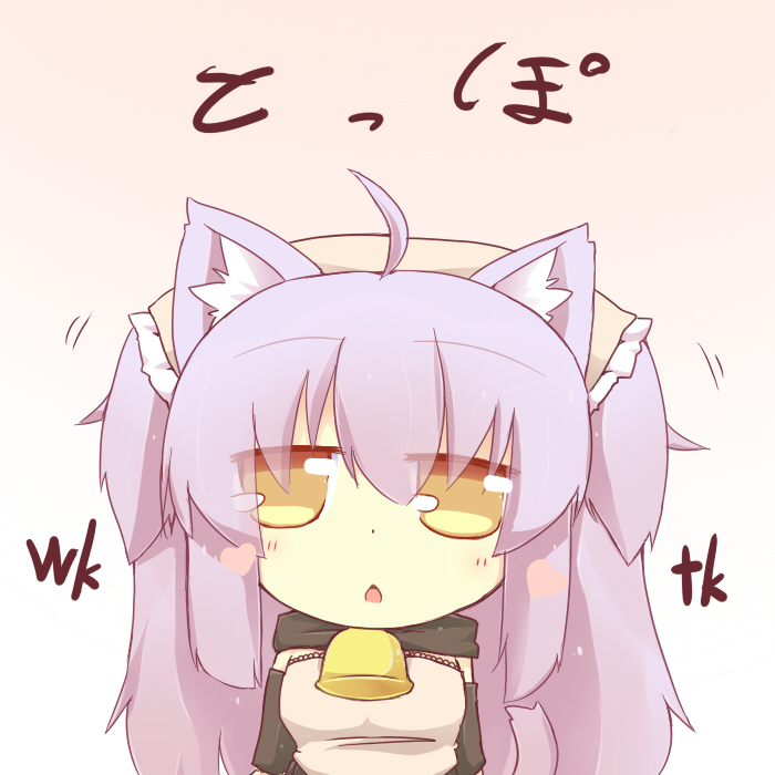 animal_ears bell bow cat_ears cat_tail chibi detached_sleeves dress hair_bow hazuki_ruu heart long_hair open_mouth original pink_dress purple_hair solo tail translation_request twintails yellow_eyes