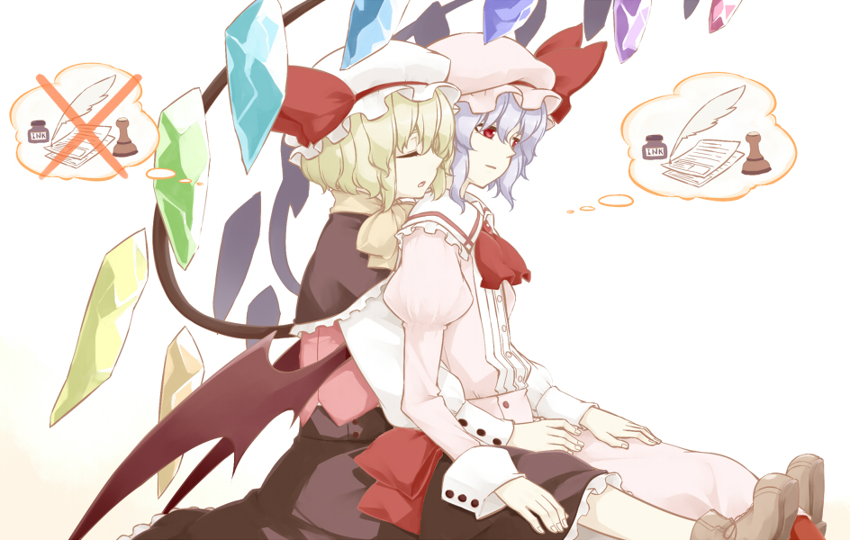ascot bat_wings blonde_hair blue_hair capelet closed_eyes comic eyes_closed feathers flandre_scarlet flat_chest girl_on_top hand_on_cheek hat hat_ribbon hug hug_from_behind inkwell multiple_girls no_hat on_back open_clothes open_shirt paper red_eyes remilia_scarlet ribbon sakuraba_yuuki shirt siblings silent_comic sisters sitting sitting_on_person skirt skirt_set stamp thinking touhou wings yuri