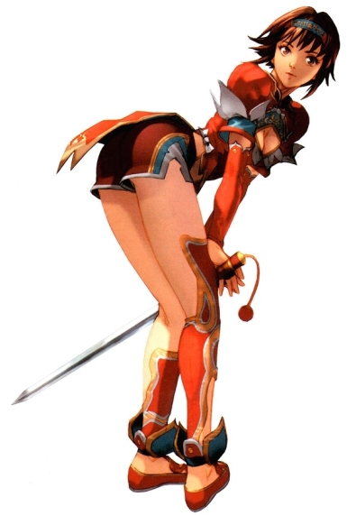 bent_over breasts chai_xianghua cleavage cleavage_cutout detached_sleeves from_behind hairband jian_(weapon) kawano_takuji official_art short_shorts shorts soul_calibur soul_calibur_ii soulcalibur soulcalibur_ii