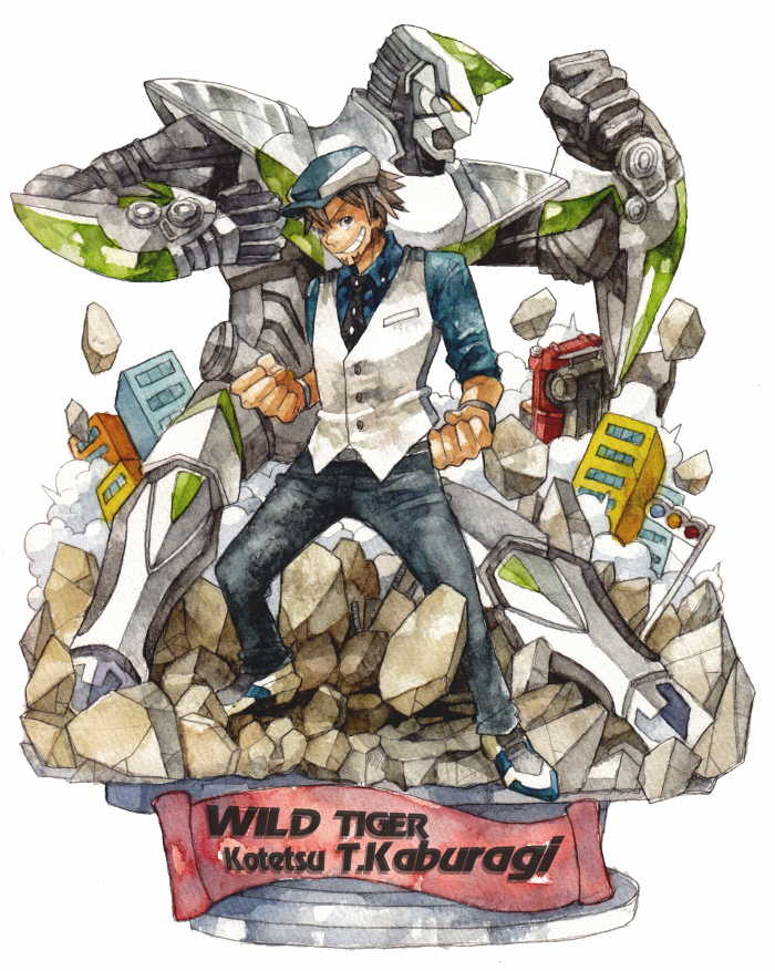 brown_eyes brown_hair cabbie_hat car clenched_hands dual_persona facial_hair fist hat ina_(gonsora) kaburagi_t_kotetsu male motor_vehicle multiple_boys necktie power_armor power_suit rock short_hair solo stubble superhero tiger_&amp;_bunny traffic_light vehicle vest waistcoat watch wild_tiger wristwatch