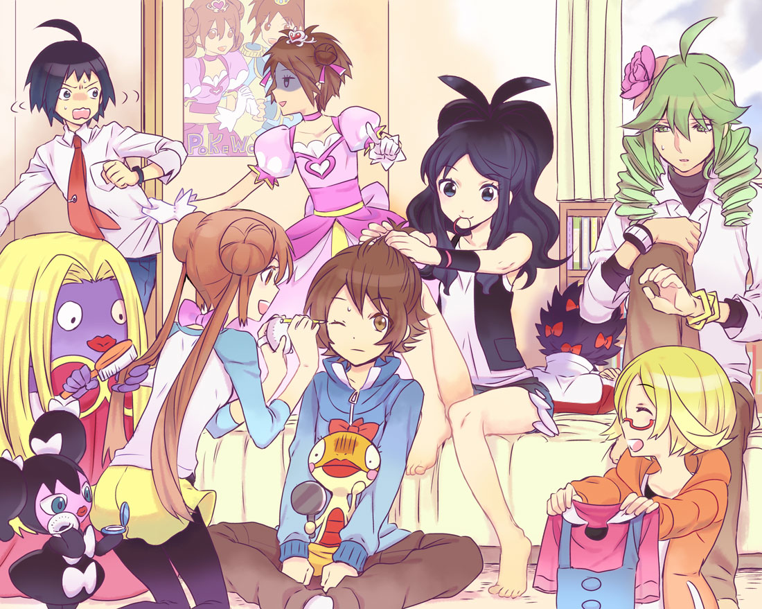 3girls 5boys ahoge barefoot bed bel_(pokemon) black_hair black_legwear blonde_hair bow bracelet braid brown_eyes brown_hair cheren_(pokemon) crossdressinging denim denim_shorts double_bun dress gloves gothorita green_hair hair_bow hair_brush hairdressing hue_(pokemon) jacket jewelry jynx kuronomine kyouhei_(pokemon) long_hair mei_(pokemon) multiple_boys multiple_girls n_(pokemon) necktie overalls pantyhose pokemon pokemon_(creature) pokemon_(game) pokemon_bw pokemon_bw2 pokewood poster_(object) scraggy short_hair shorts touko_(pokemon) touya_(pokemon) twintails vest white_gloves wristband