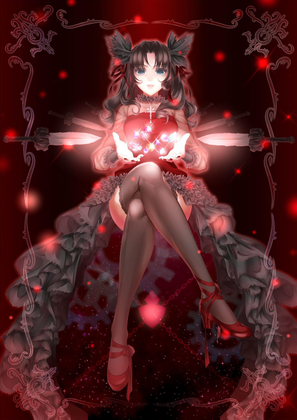 1girl arkray black_hair blue_eyes crossed_legs dress fate/stay_night fate_(series) gem hair_ribbon high_heels highres lace lace-trimmed_thighhighs long_hair magic ribbon shoes sitting solo sword thighhighs tohsaka_rin toosaka_rin weapon zelretch_sword