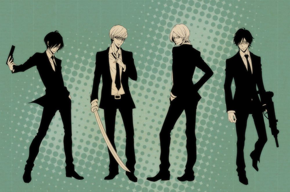 arisato_minato formal glasses gun handgun imi_uzi katana looking_back machine_pistol monochrome multiple_boys narukami_yuu necktie persona persona_1 persona_2 persona_3 persona_4 photoshop romeothedope submachine_gun suit suou_tatsuya sword toudou_naoya weapon