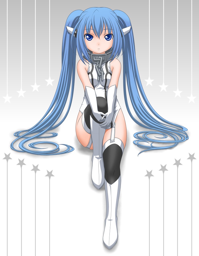 blue_hair chain chains collar garter_straps gloves hand_on_knee long_hair nymph_(sora_no_otoshimono) robot_ears sitting sora_no_otoshimono t2r thigh-highs thighhighs twintails very_long_hair