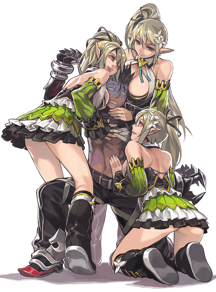 3girls aoin artist_request ass between_breasts black_hair blonde_hair boots breast_press breasts choker claws cleavage corset detached_sleeves dress drooling elf elsword flower frilled_skirt hair_flower hair_ornament hair_ribbon kneeling legs lily_(flower) long_hair male multiple_girls multiple_persona o_o pointy_ears raven_(elsword) rena rena_(elsword) ribbon side_ponytail smile source_request teamwork turn_pale white_background yellow_eyes