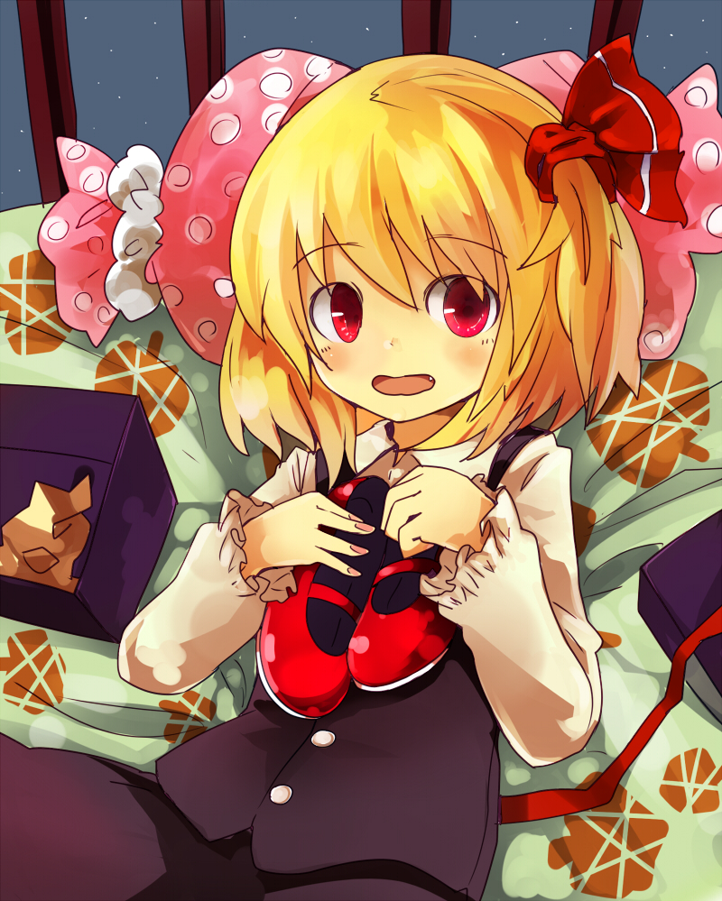 blonde_hair blush box fang gift gift_box hair_ribbon mary_janes murani open_mouth pillow red_eyes red_shoes ribbon rumia shirt shoes short_hair skirt skirt_set solo the_embodiment_of_scarlet_devil touhou vest youkai