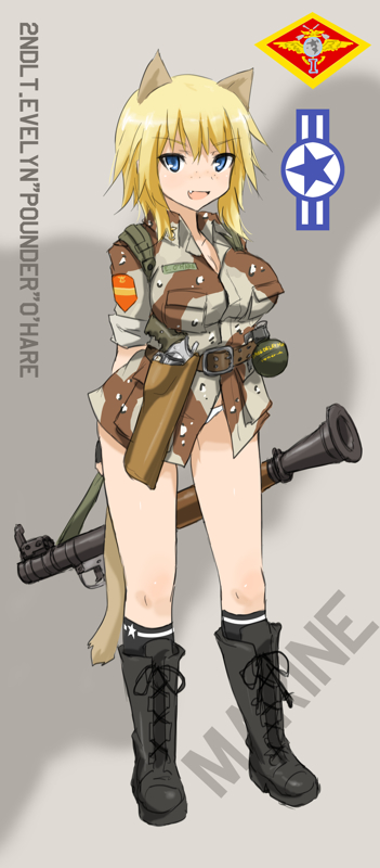 blonde_hair blue_eyes boots breasts cleavage commentary commentary_request evelyn_o'hare explosive fang freckles grenade gun handgun holster large_breasts ogitsune_(ankakecya-han) panties revolver rocket_launcher sleeves_rolled_up strike_witches strike_witches_1991 underwear uniform weapon