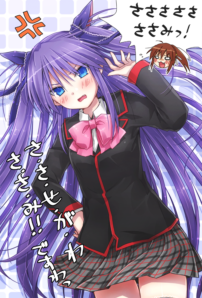 blue_eyes imomu little_busters!! long_hair natsume_rin plaid plaid_skirt purple_hair sasasegawa_sasami school_uniform skirt translated