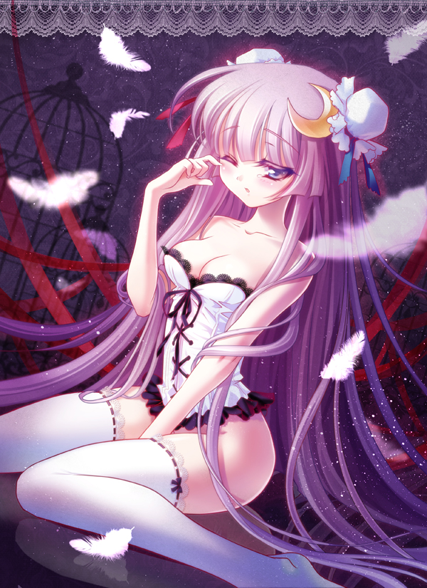 birdcage blush bottomless breasts bustier cage cleavage corset crescent crescent_moon doily feathers hat lingerie long_hair moon patchouli_knowledge purple_eyes purple_hair s-yin sitting solo tears thigh-highs thighhighs touhou underwear underwear_only very_long_hair violet_eyes wariza white_legwear wink