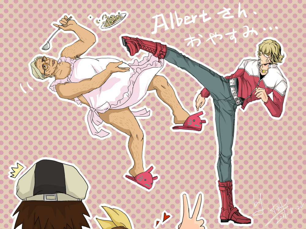 age_difference albert_maverick anger_vein animal_slippers apron barnaby_brooks_jr belt blonde_hair body_hair boots bow brown_hair bunny_slippers cabbie_hat fat_man father_and_daughter food glasses grey_hair hair_bow hat jacket jewelry kaburagi_kaede kaburagi_t_kotetsu kicking male multiple_boys naked_apron necklace pasta red_jacket short_hair slippers spoon studded_belt tiger_&amp;_bunny v vest waistcoat yinhuzhishang