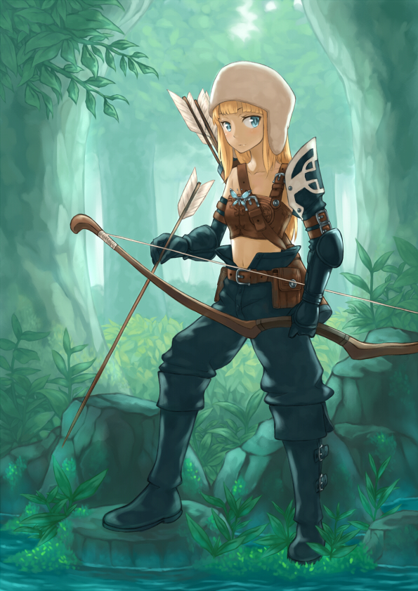 arm_belt arm_garter arrow bad_id blonde_hair blue_eyes boots bow_(weapon) butterfly collarbone elbow_gloves fur_hat gloves green hat long_hair looking_at_viewer nature navel original pants plant quiver rock solo strap stream tree water weapon