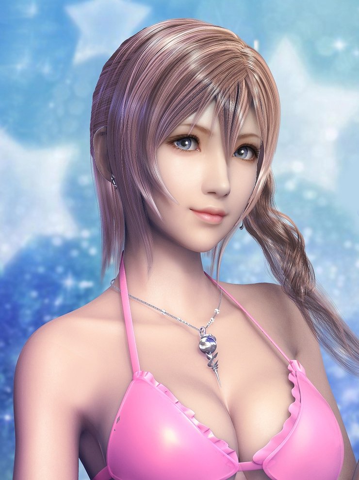 bikini_top blue_eyes breasts cleavage earrings final_fantasy final_fantasy_xiii frills jewelry large_breasts necklace pendant pink_hair serah_farron side_ponytail sideboob strap_gap swimsuit znz