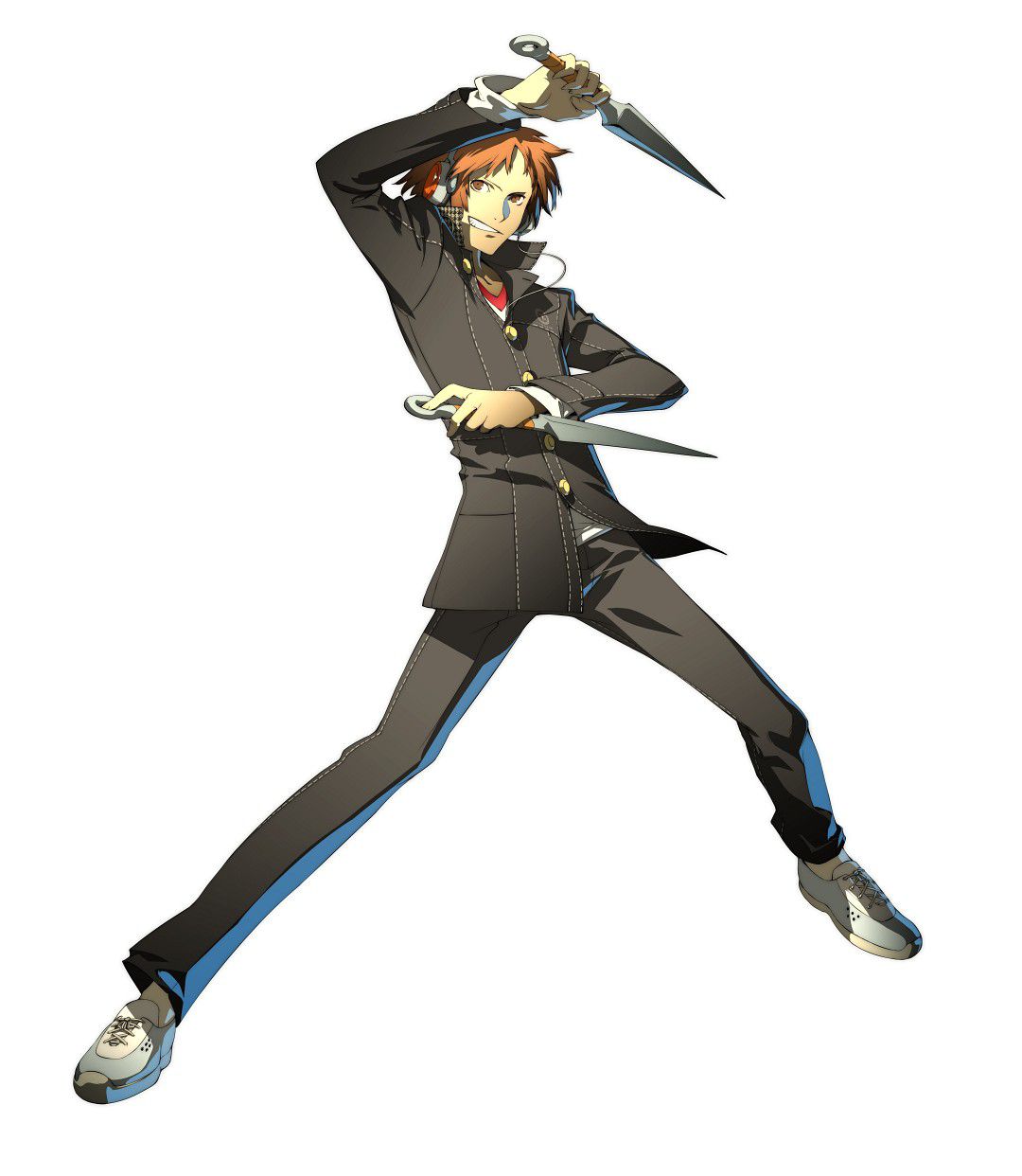 arc_system_works dual_wielding fighting_stance hanamura_yousuke headphones highres kunai male official_art persona persona_4 persona_4:_the_ultimate_in_mayonaka_arena red_hair redhead school_uniform soejima_shigenori solo weapon