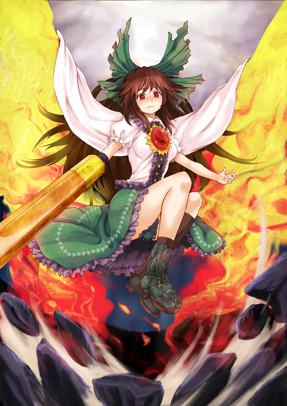 arm_cannon black_hair blue_door blush bow brown_hair cape fiery_wings fire frown highres long_hair mismatched_footwear pleated_skirt red_eyes reiuji_utsuho single_thighhigh skirt solo thighhighs third_eye touhou weapon wings