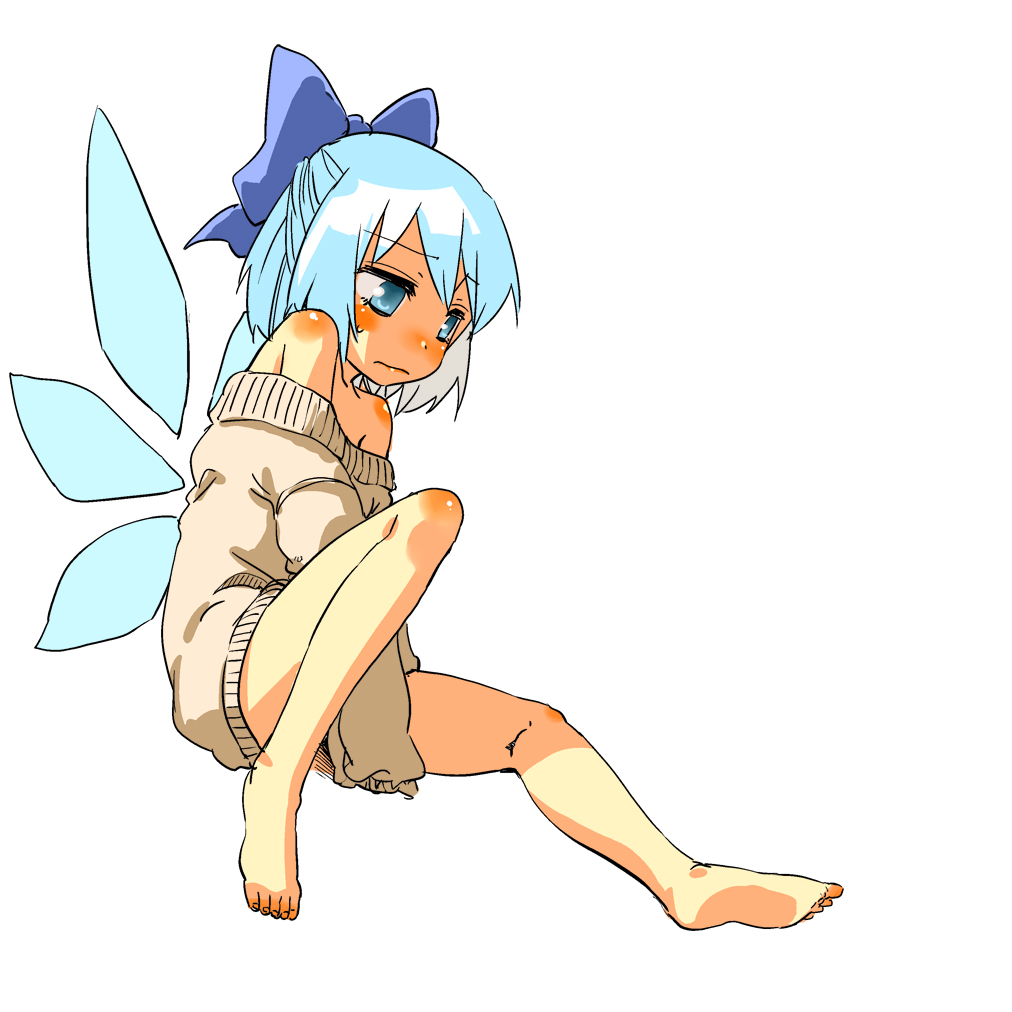 alternate_costume bare_shoulders barefoot between_legs blue_eyes blue_hair blush bottomless bow cirno covering covering_crotch face feet hair_bow hand_between_legs hota naked_sweater no_pants off_shoulder simple_background sitting solo sweater touhou v_arms wavy_mouth white_background wings