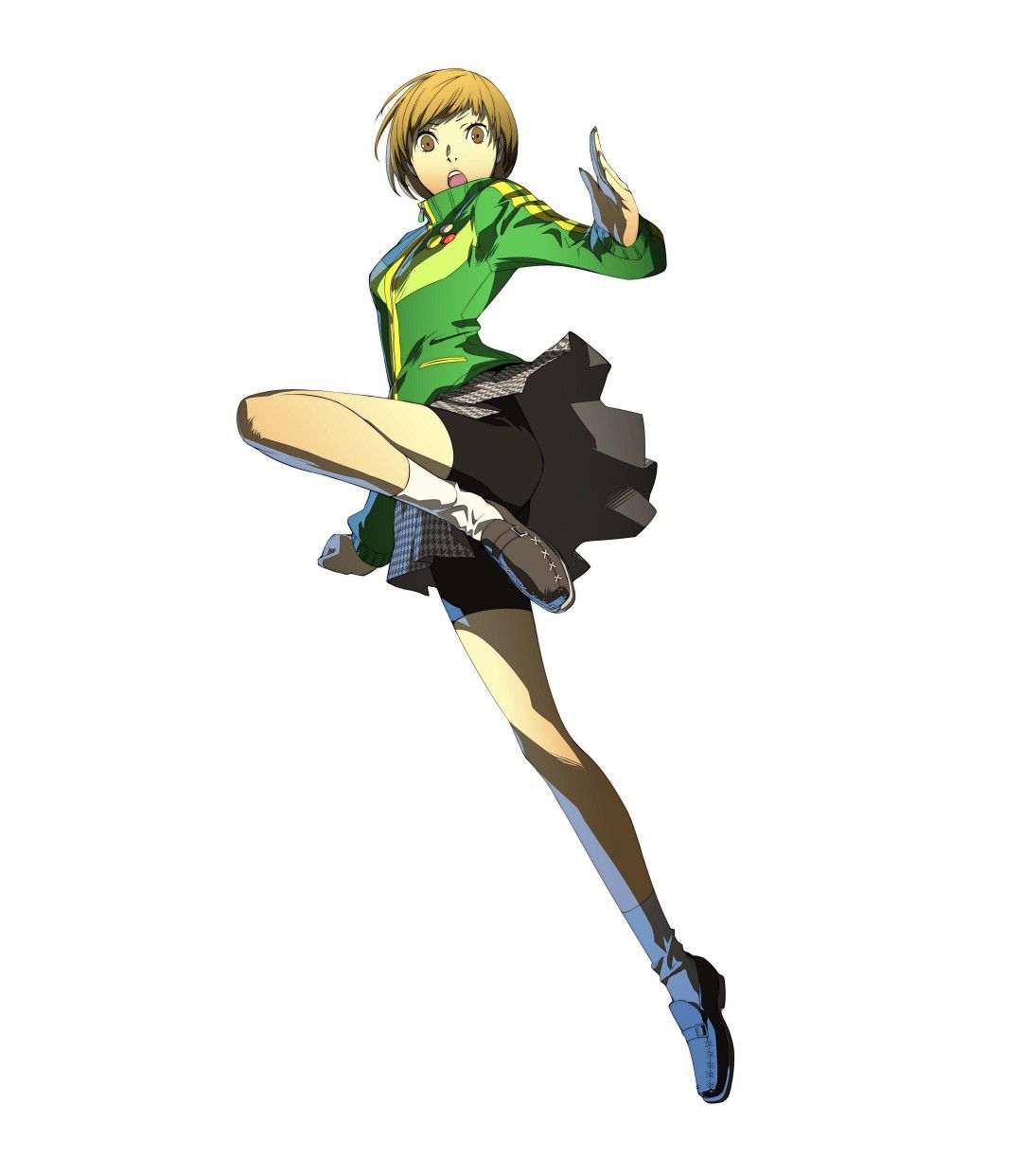 1girl arc_system_works bike_shorts brown_eyes brown_hair fighting_stance footwear highres houndstooth jersey jpeg_artifacts official_art open_mouth persona persona_4 persona_4:_the_ultimate_in_mayonaka_arena pleated_skirt satonaka_chie school_uniform short_hair simple_background skirt socks soejima_shigenori solo tomboy track_jacket white_background yasogami_school_uniform