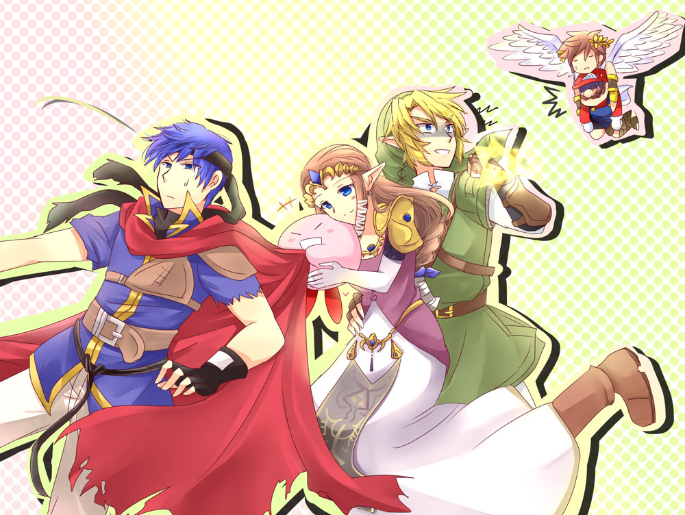 blonde_hair blue_eyes blue_hair brown_hair cape dress earrings facial_hair fingerless_gloves fire_emblem firmicus gloves hair_ornament hat headband ike jewelry kid_icarus kirby kirby_(series) link long_hair mario mustache nintendo overalls pit pit_(kid_icarus) pointy_ears princess_zelda short_hair smile super_mario_bros. super_smash_bros. the_legend_of_zelda tiara triforce twilight_princess wings