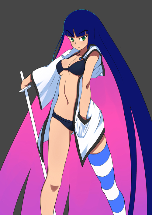 artist_request green_eyes kendo_(artist) lingerie long_hair midriff multicolored_hair panties panty_&amp;_stocking_with_garterbelt purple_hair single_thighhigh stocking_(character) stocking_(psg) striped striped_legwear striped_thighhighs stripes_i_&amp;_ii sword thigh-highs thighhighs two-tone_hair underwear very_long_hair weapon