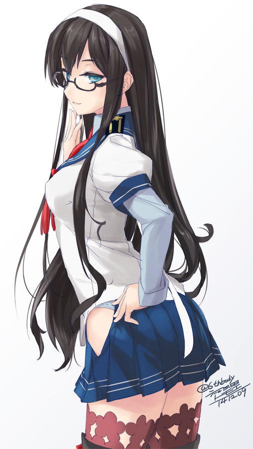 1girl aqua_eyes black_hair black_legwear cowboy_shot from_side glasses hairband hand_on_hip hand_to_own_mouth kantai_collection long_hair ooyodo_(kantai_collection) panties pleated_skirt rokuwata_tomoe school_uniform semi-rimless_glasses serafuku simple_background skirt solo thigh-highs twitter_username under-rim_glasses underwear white_background