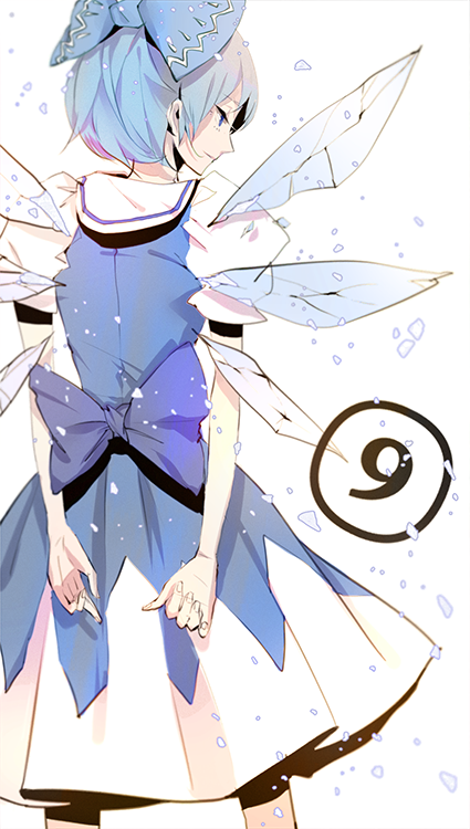 1girl arms_behind_back blue_hair cirno from_behind ice ice_wings kyer short_hair solo touhou wings ⑨