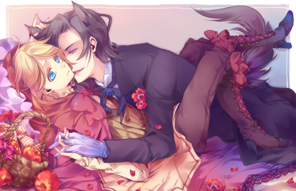 androgynous animal_ears apple basket bed big_bad_wolf big_bad_wolf_(grimm) black_butler black_hair blonde_hair blue_eyes boots character_request claude_faustus cross-laced_footwear flower food formal fruit gloves hand_holding holding_hands hood hug kuroshitsuji lace-up_boots little_red_riding_hood little_red_riding_hood_(grimm) petals purple_eyes red_riding_hood short_hair tail violet_eyes white_gloves yamada_ako yaoi