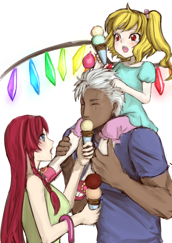 age_difference blonde_hair dark_skin flandre_scarlet food hong_meiling ice_cream king_of_fighters krizalid long_hair m.u.g.e.n mugen_(game) red_hair redhead senmi_aki short_hair size_difference snk touhou wings