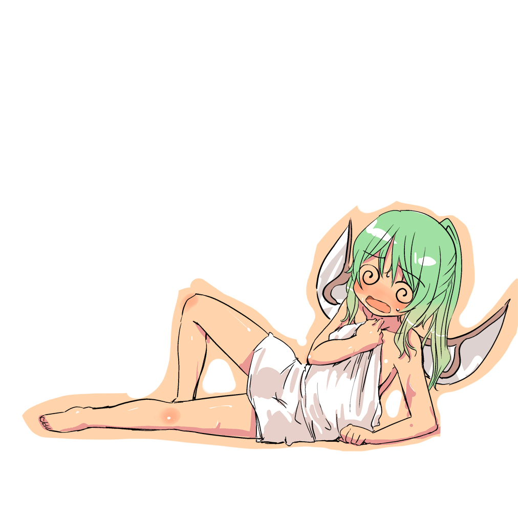 @_@ barefoot blush breasts covering covering_breasts daiyousei green_hair hota naked_towel nude_cover on_side side_ponytail sketch solo touhou towel wings