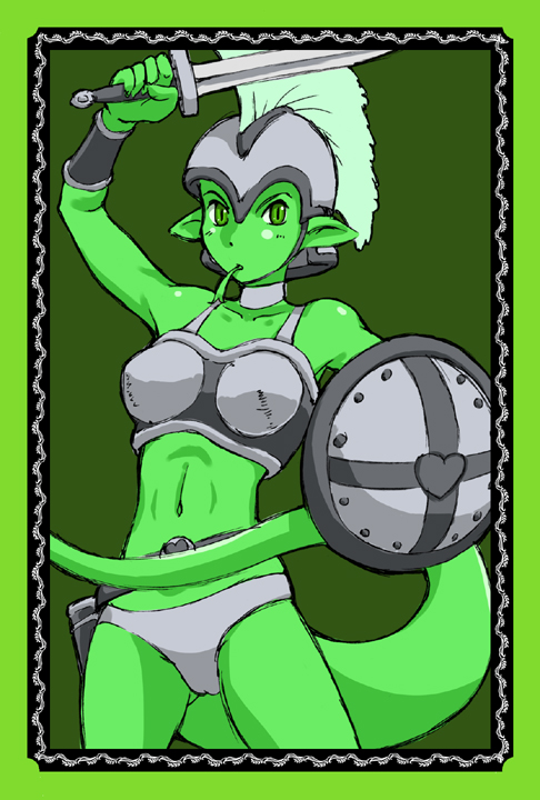 arm_raised armor belt caracol forked_tongue green green_eyes green_skin helmet lizardman looking_at_viewer monster_girl navel pointy_ears shield solo sword tagme tail tongue weapon
