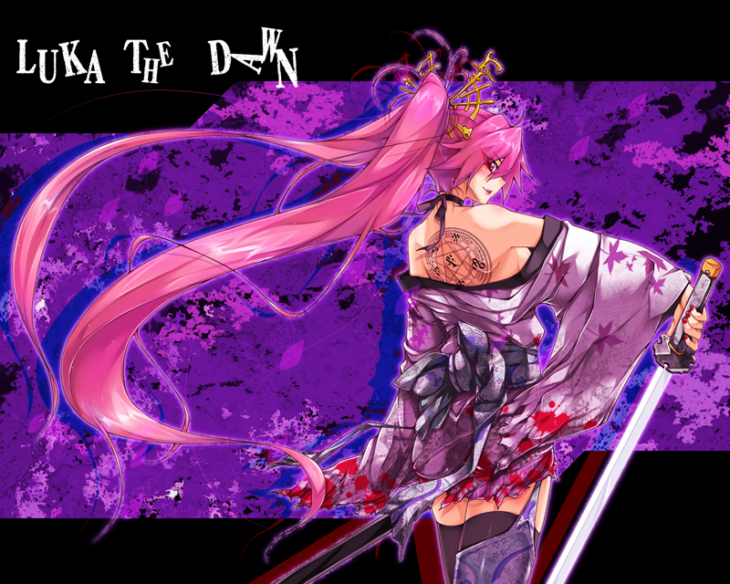 black_legwear breasts choker from_behind hair_ornament japanese_clothes katana leaf_print long_hair megurine_luka nail_polish off_shoulder pentagram pink_eyes sideboob sword tattoo thigh-highs thighhighs twintails very_long_hair vocaloid weapon yukinon