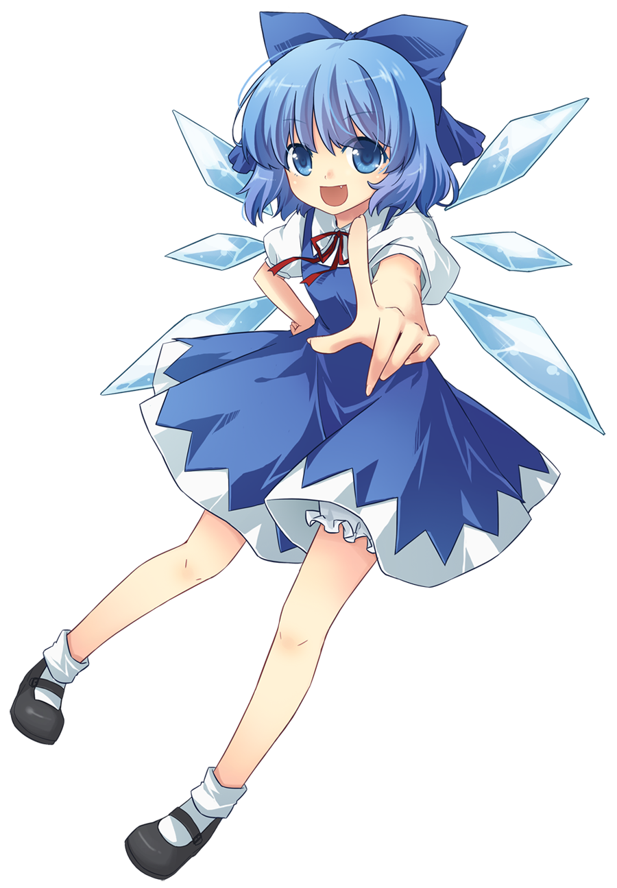 bloomers blue_dress blue_eyes blue_hair bow cirno dress fairy fang foreshortening hair_bow hand_on_hip highres hips ice looking_at_viewer mary_janes neck_ribbon open_mouth pointing ribbon shoes short_hair smile socks solo standing touhou transparent_background wings yui_(daijun)