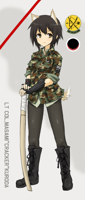 camouflage commentary_request ogitsune_(ankakecya-han) pantyhose sleeves_rolled_up strike_witches strike_witches_1991 tail uniform woodland_pattern