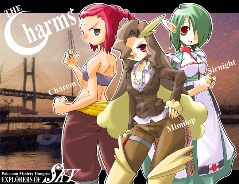 braid bridge brown_hair character_name coif english facial_mark forehead_mark gardevoir green_hair grey_eyes hair_over_one_eye hand_on_hip hips long_hair looking_back lopunny medicham multiple_girls open_mouth pants personification pink_hair pointy_ears pokemon pokemon_mystery_dungeon rascal red_cross red_eyes red_hair short_hair smile title_drop whip