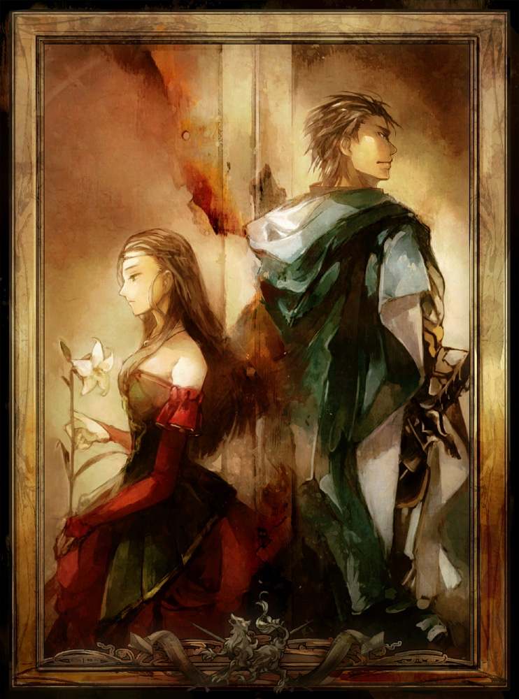 1girl armor bare_shoulders black_hair brother_and_sister cloak detached_sleeves dress female flower gensou_suikoden gensou_suikoden_ii height_difference jillia_blight lily_(flower) long_hair luca_blight male painting s1minami scabbard sheath short_hair siblings suikoden suikoden_ii sword tiara weapon