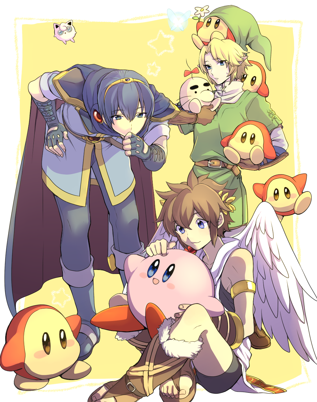 blue_eyes blue_hair brown_hair cape doseisan fire_emblem fire_emblem:_mystery_of_the_emblem gloves hat highres jigglypuff kid_icarus kirby kirby_(series) kudou_akira link marth mother_(game) nintendo niwatorisann pit pit_(kid_icarus) pointy_ears pokemon smile super_smash_bros. the_legend_of_zelda tiara twilight_princess waddle_dee wings