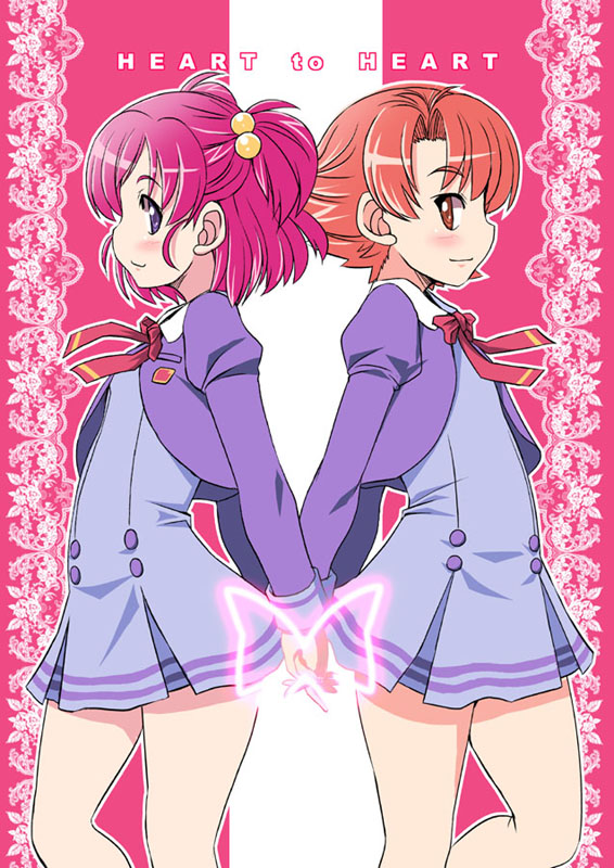 back-to-back back_to_back brown_eyes brown_hair butterfly dress hair_bobbles hair_ornament hand_holding holding_hands multiple_girls natsuki_rin one_side_up pink_hair precure profile purple_eyes school_uniform short_hair side_ponytail smile symmetry tongpoo tonpuu violet_eyes yes!_precure_5 yumehara_nozomi