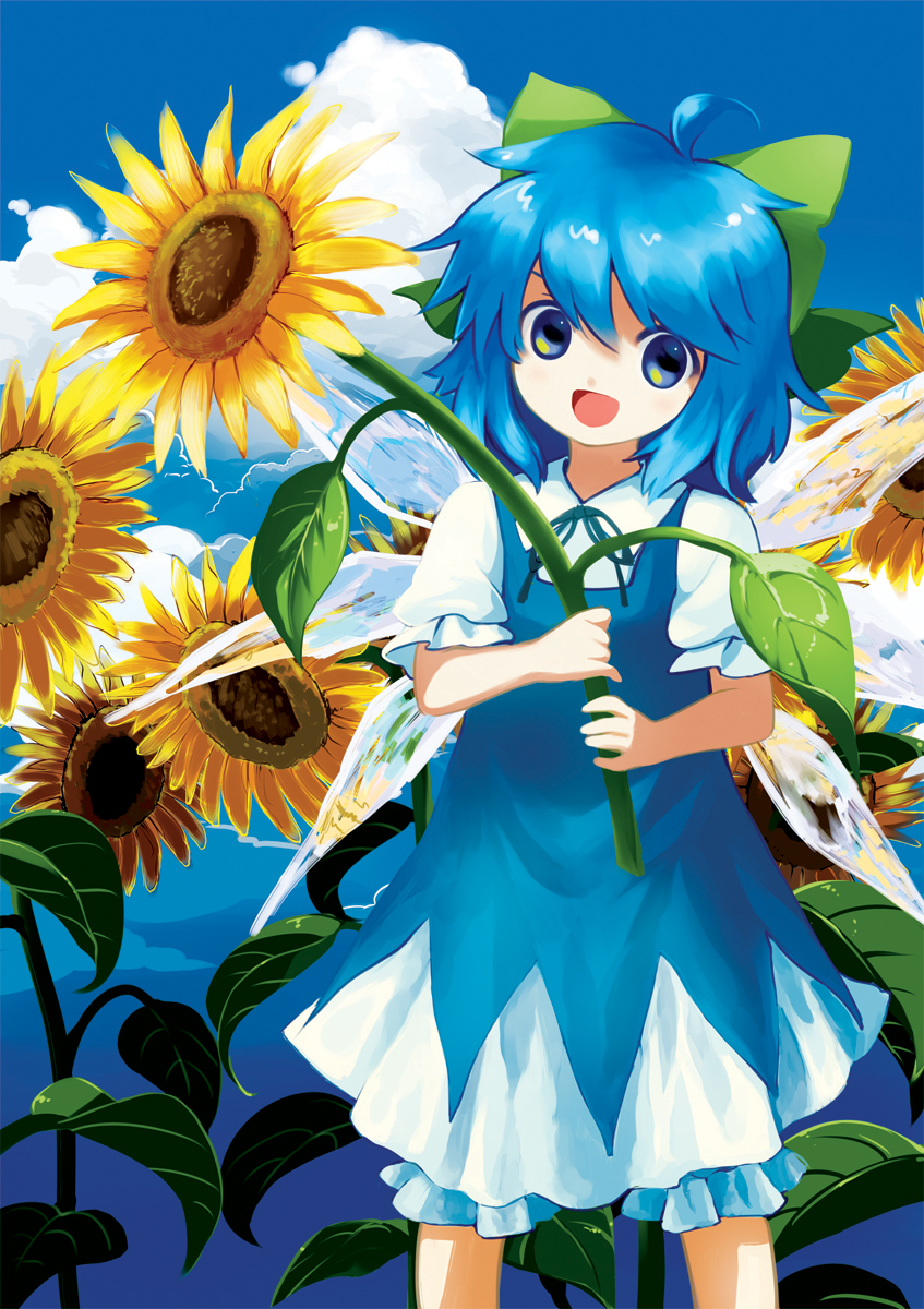 blue_eyes blue_hair bow chagen_kokimu cirno flower hair_bow highres open_mouth sdmaiden smile solo sunflower touhou