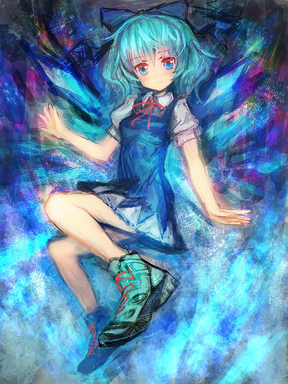 blue blue_eyes blue_hair blush bow cirno error hair_bow highres lm7_(op-center) looking_at_viewer op-center ribbon shoes short_hair sneakers solo touhou