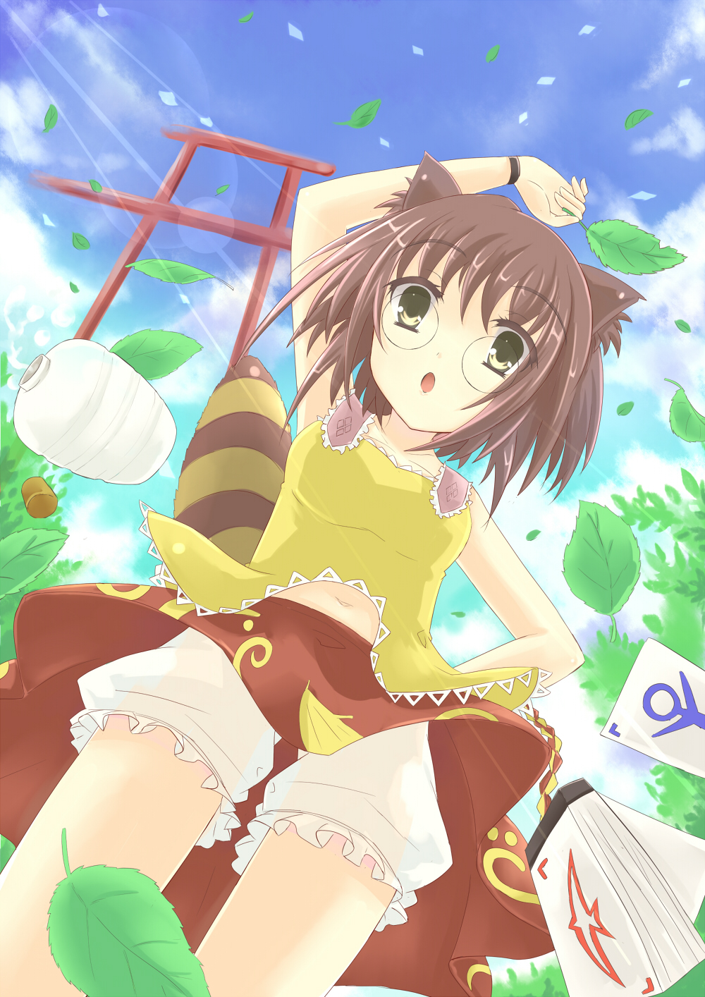 animal_ears arm_raised arm_up bare_shoulders bloomers brown_hair from_below futatsuiwa_mamizou glasses highres jug leaf navel notepad raccoon_ears raccoon_tail raised_arm short_hair skirt sky solo tail tenhi_tsukitori torii touhou wristband yellow_eyes