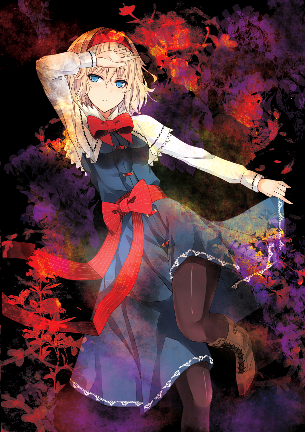 alice_margatroid blonde_hair blue_eyes boots brown_legwear cross-laced_footwear dress hairband headband highres lace-up_boots looking_at_viewer nabeshima_tetsuhiro pantyhose sash skirt_hold solo touhou