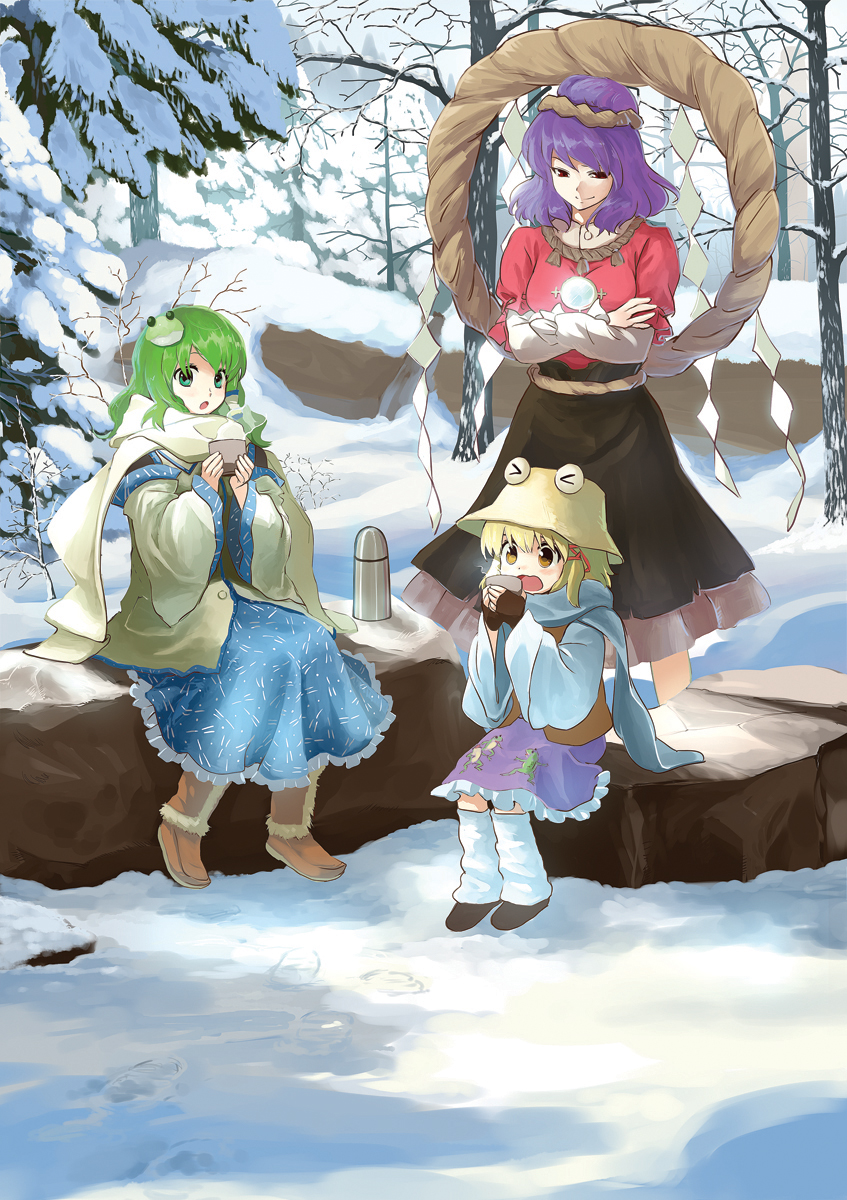 &gt;_&lt; blonde_hair boots chagen_kokimu coat crossed_arms cup detached_sleeves drink frog green_eyes green_hair hair_ribbon highres kochiya_sanae leg_warmers long_hair long_skirt mirror moriya_suwako multiple_girls open_mouth pine_tree purple_hair red_eyes ribbon rock scarf sdmaiden shimenawa short_hair sitting skirt smile snow snow_boots touhou tree winter_clothes yasaka_kanako yellow_eyes