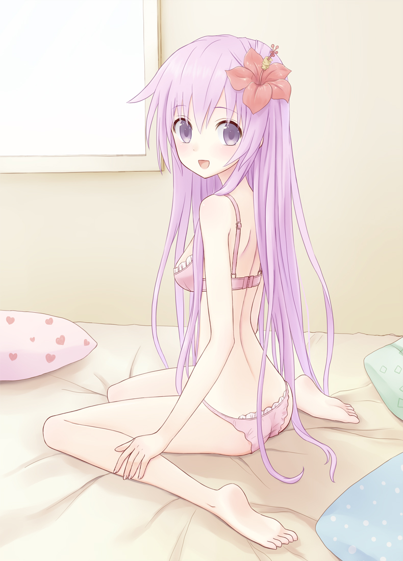 bad_id barefoot bed bra choujigen_game_neptune choujigen_game_neptune_mk2 compile_heart feet female flower frilled_bra frilled_panties from_behind gust hair_flower hair_ornament hibiscus idea_factory lingerie long_hair looking_back nepgear nepgear_(choujigen_game_neptune) nippon_ichi ohirune open_mouth p1234id panties pillow pink_bra pink_panties purple_eyes purple_hair sitting smile soles solo underwear underwear_only violet_eyes wariza