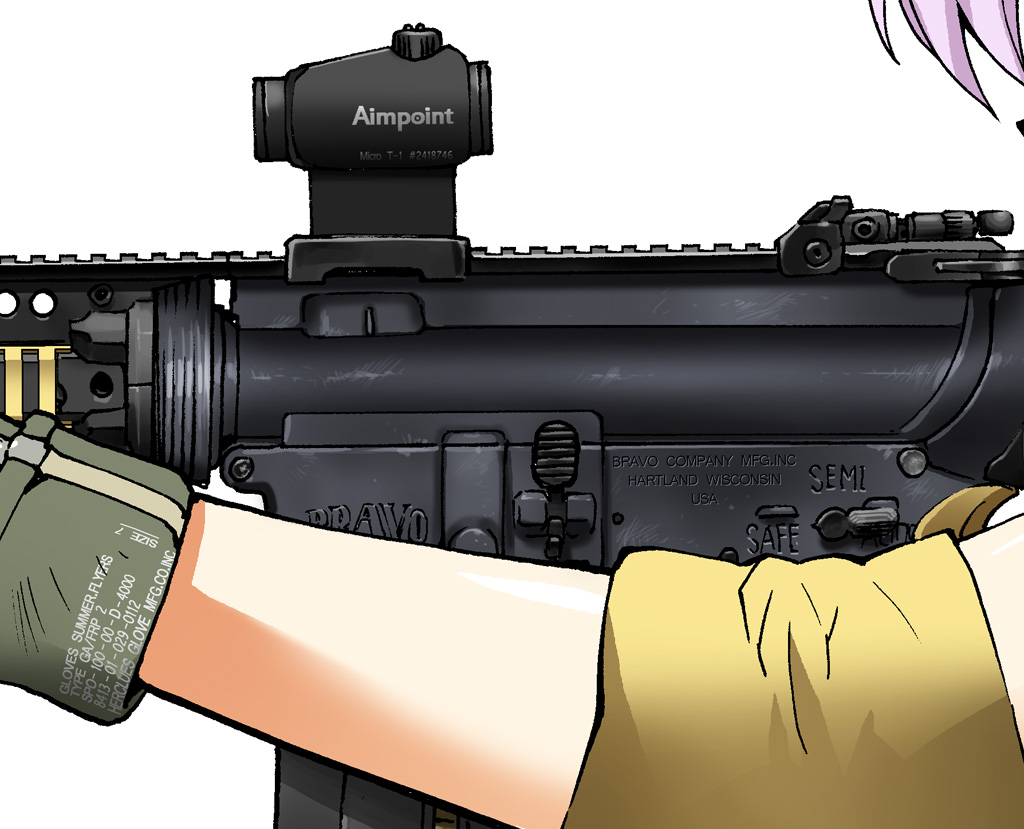 byeontae_jagga gloves gun henshako m16 m4_carbine magazine_(weapon) military purple_hair reisen_udongein_inaba rifle scope sopmod touhou weapon